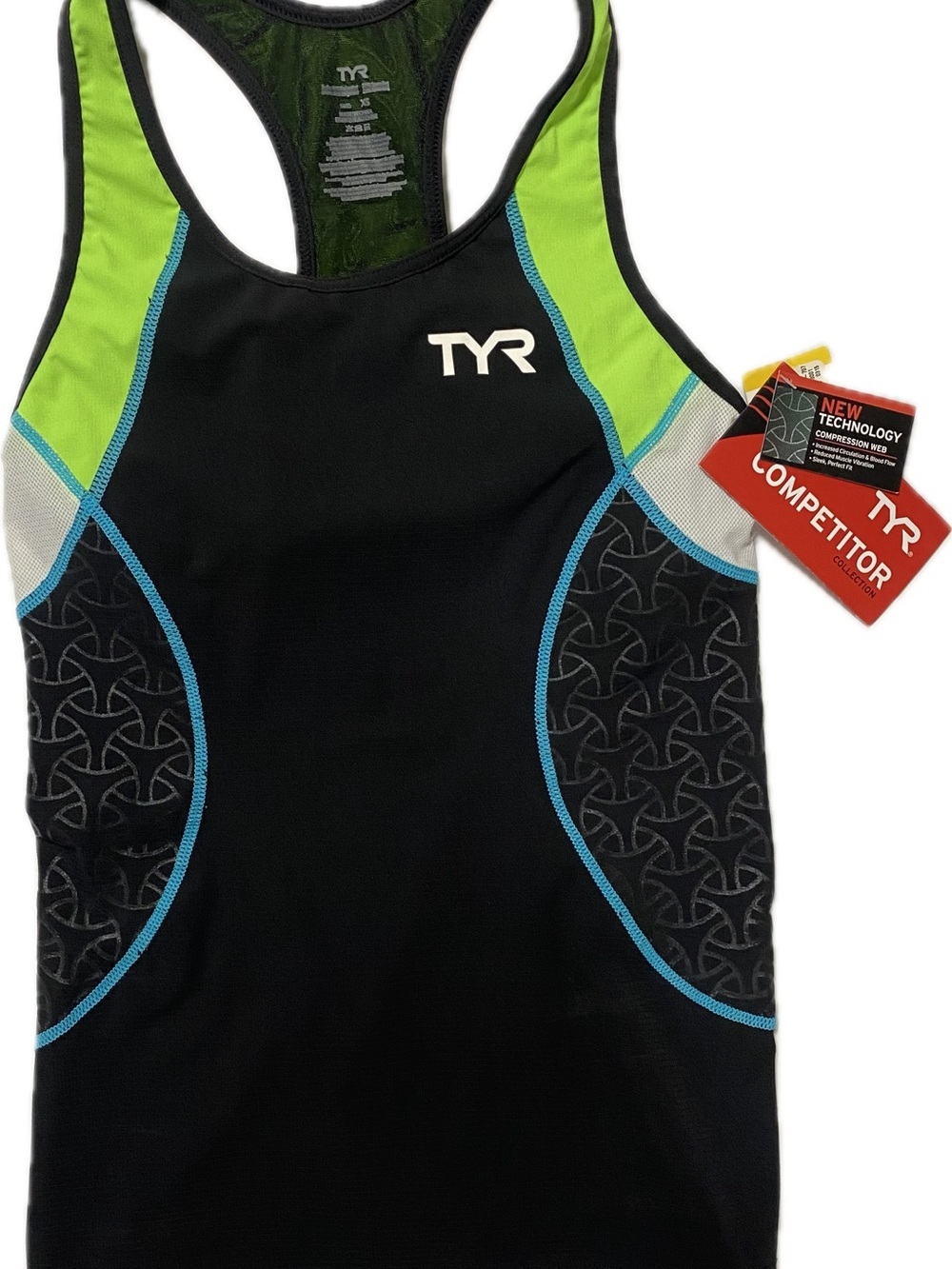 TYR Black Tank with Lime & Aqua Accents